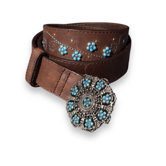 Brighton Accessories - BRIGHTON Brown Leather Belt Blue Enameled Flowers Buckle w/ Embroidery &…